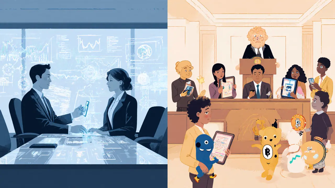 Split scene of institutional traders, retail users on Botanical, and courtroom with Bitnomial and SEC.