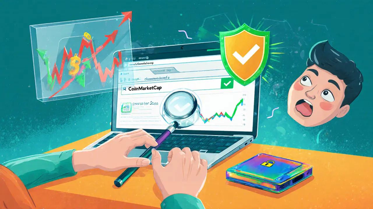 User checking a secure CoinMarketCap URL, hardware wallet nearby, phishing mask in background.