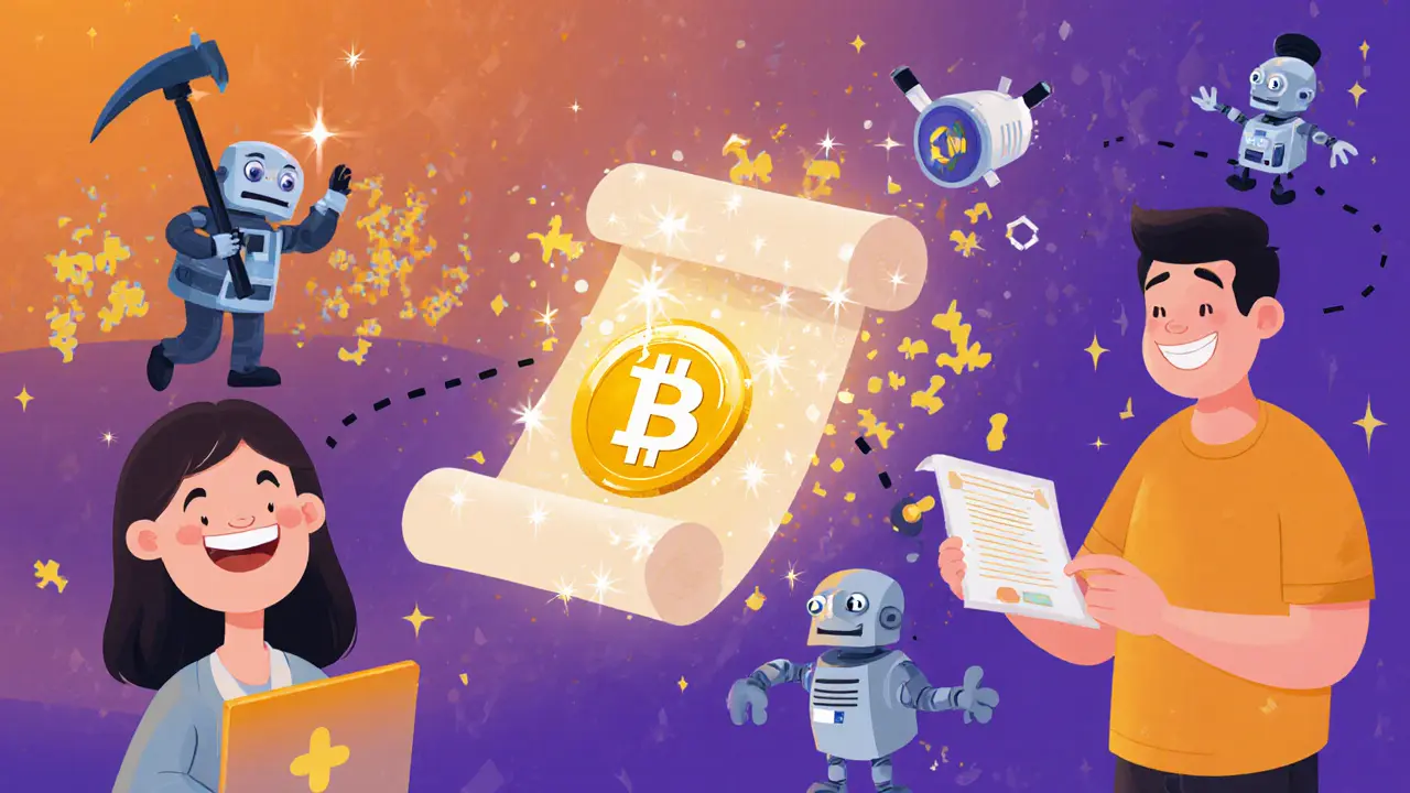 Alice sends Bitcoin to Bob; miners and validators illustrate transaction process.