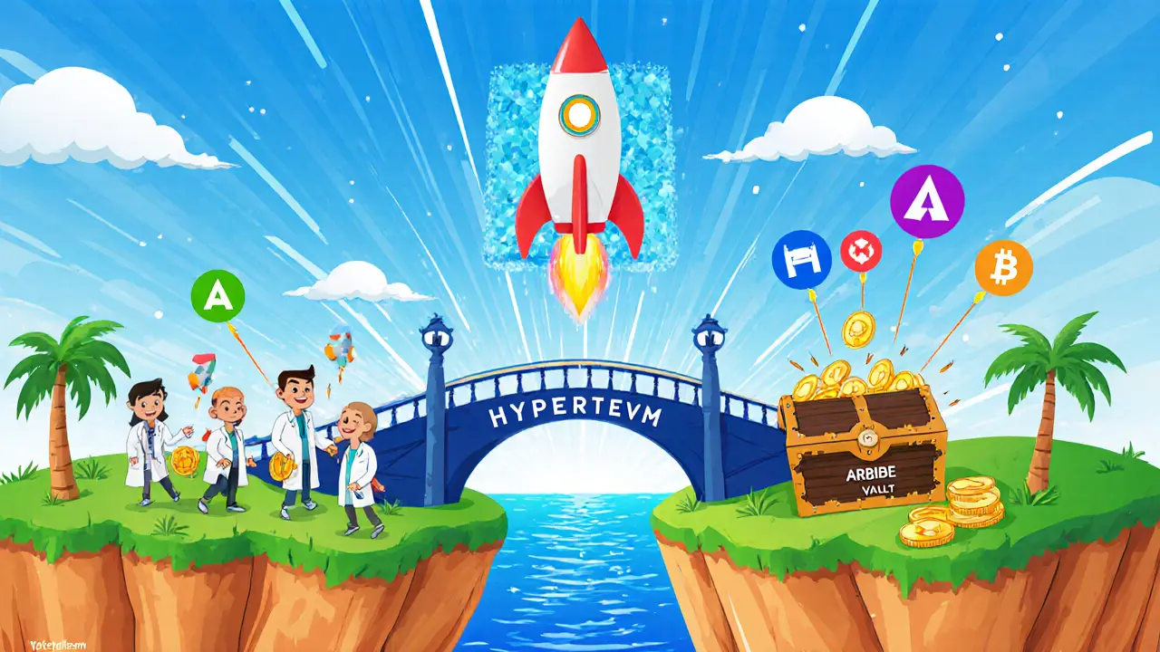 Cartoon bridge links Arbitrum and HyperEVM with RAM tokens flowing and a veNFT voting over pools.