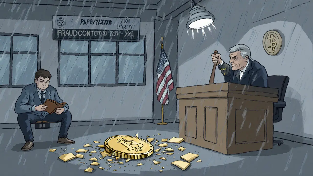 Cartoon courtroom scene with shattered PayCoin and a judge&#039;s gavel.