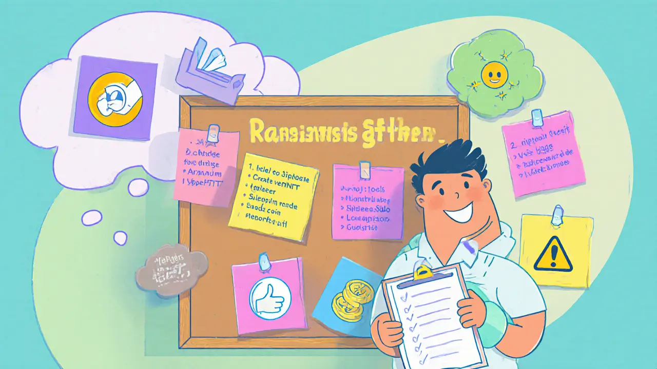 Cartoon guide with checklist of Ramses steps, pros and cons shown on sticky notes.