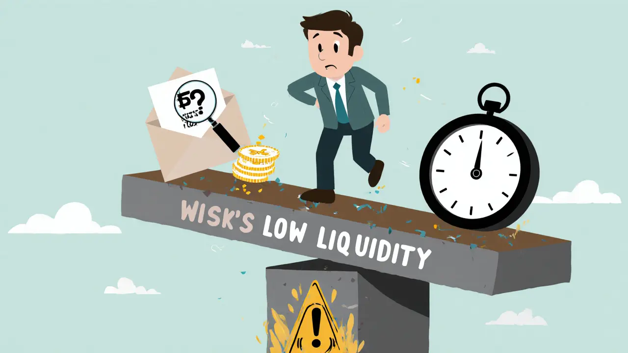 Cartoon investor on shaky platform with warning signs for low liquidity, high fees, and charity doubts.