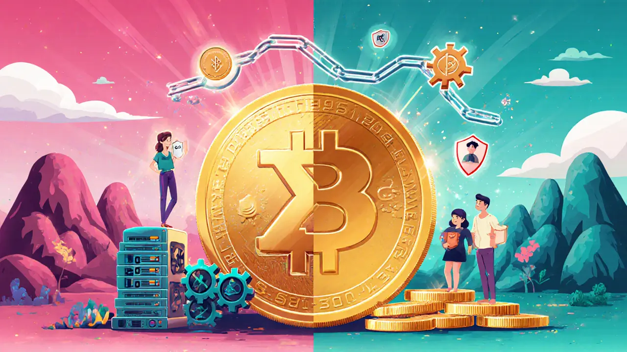 Cartoon showing PayCoin coin split between mining rigs and staking icons.