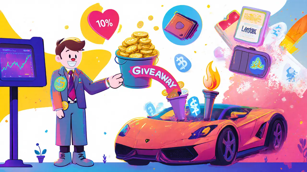 Cartoon transaction showing 10% fee split into charity, rewards, burn, and a Lamborghini giveaway.