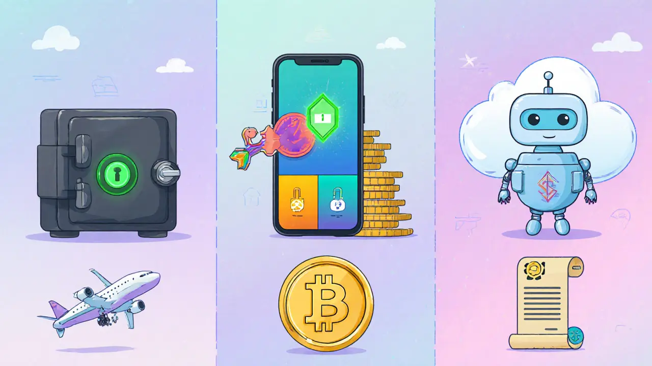 Three wallet types with coins and tokens, plus icons for cross‑border payments and smart contracts.