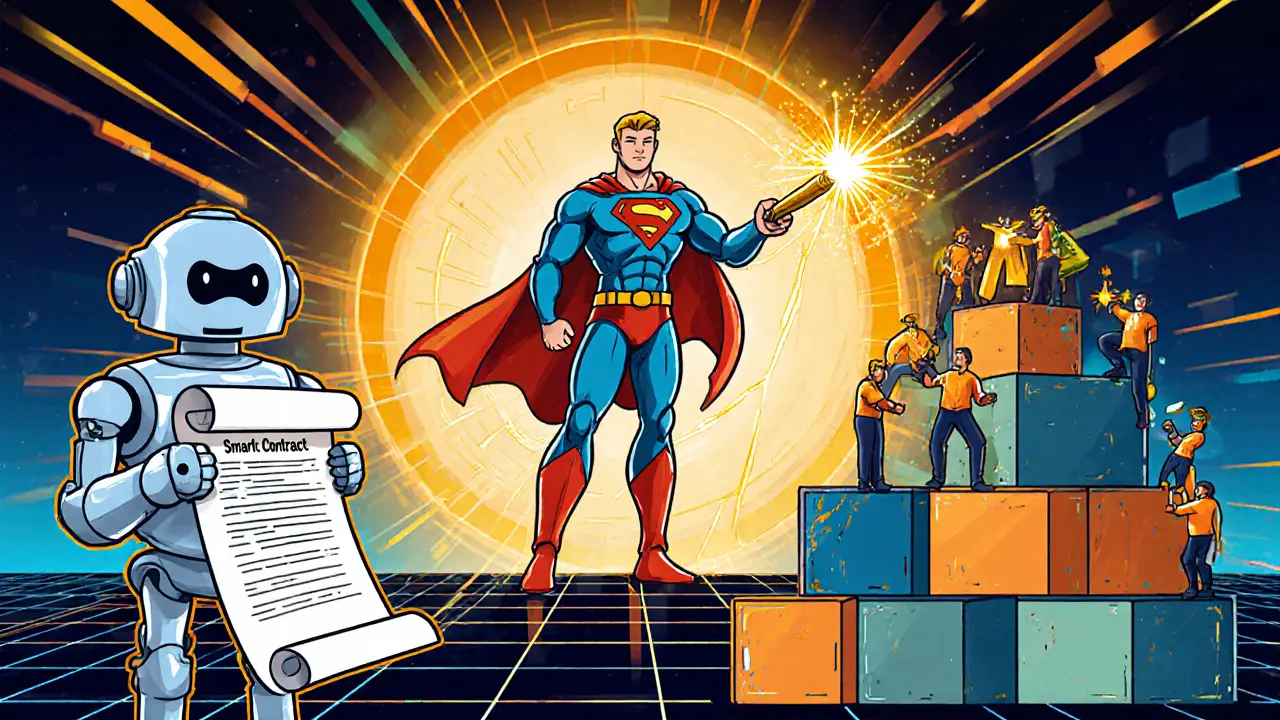 Cartoon characters representing smart contracts, digital signatures, and consensus building blocks.