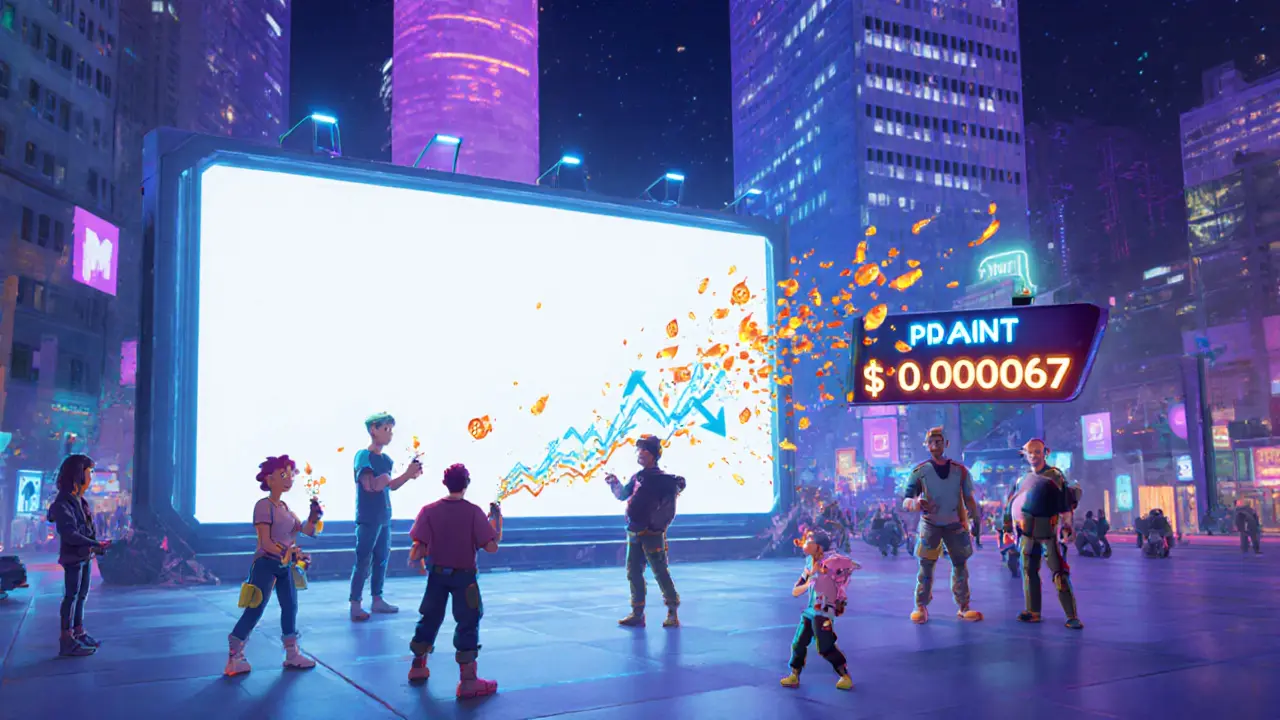 Cartoon futuristic city plaza showing a holographic mural and burning PAINT tokens.