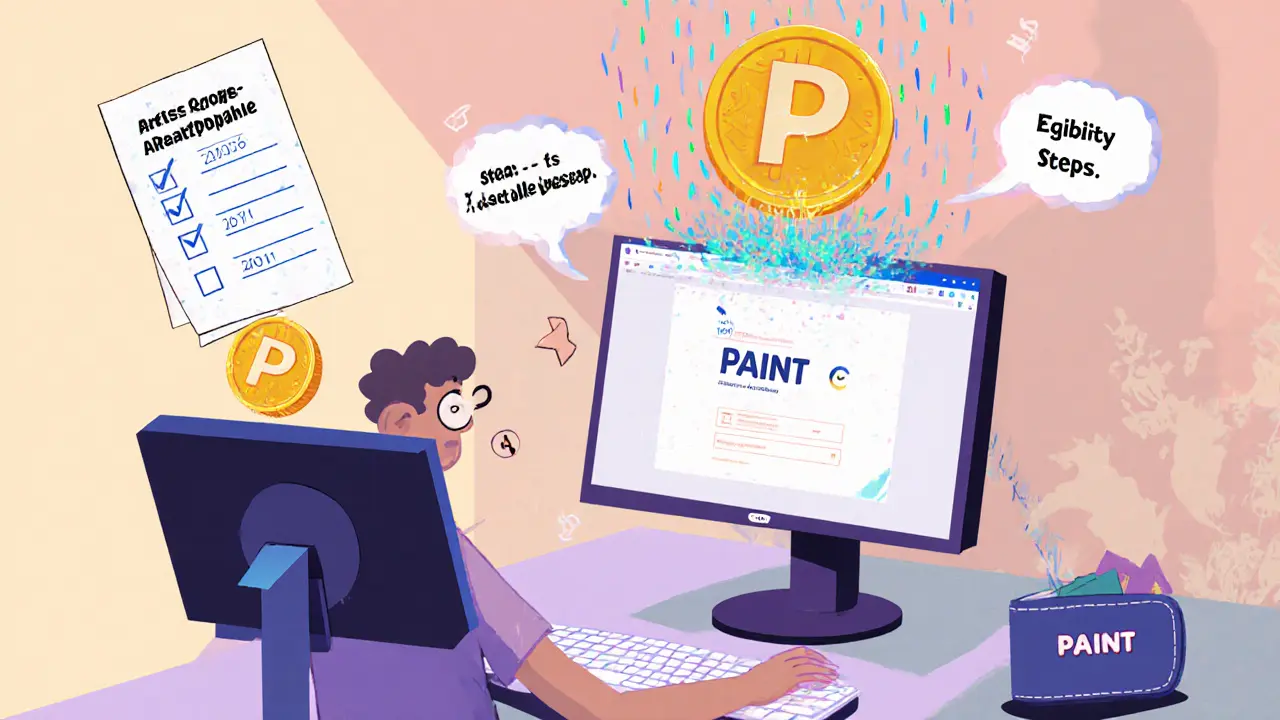 Cartoon person at a computer claiming PAINT airdrop with token rain into a wallet.