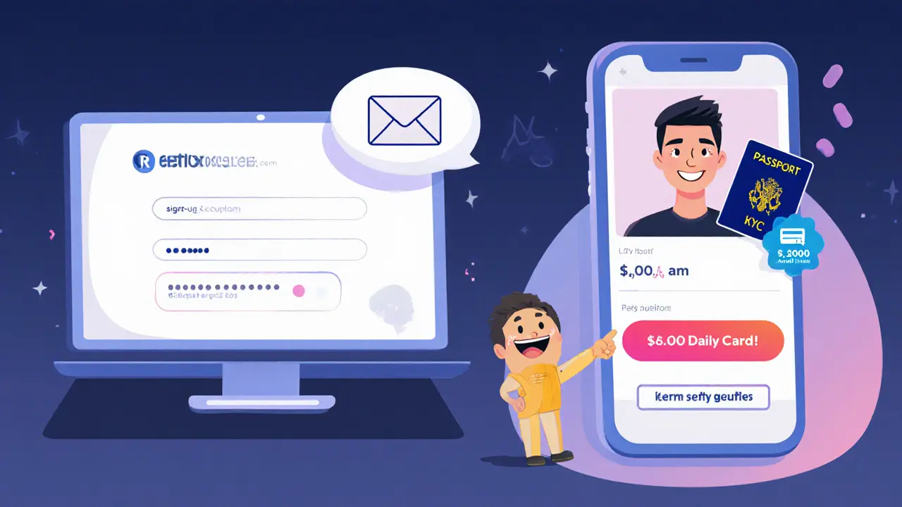 Cartoon user completing KYC on laptop and phone, with email and ID verification.