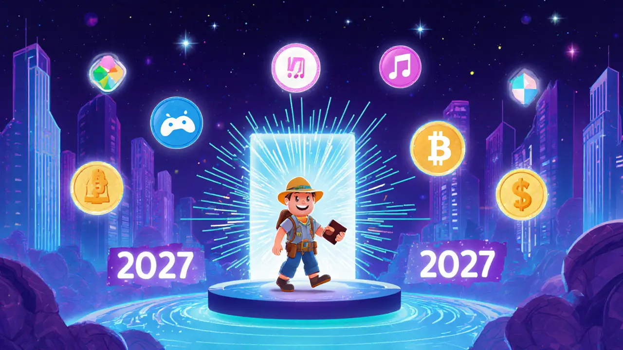 Futuristic cartoon city with floating token icons and an AI‑generated NFT in 2027.