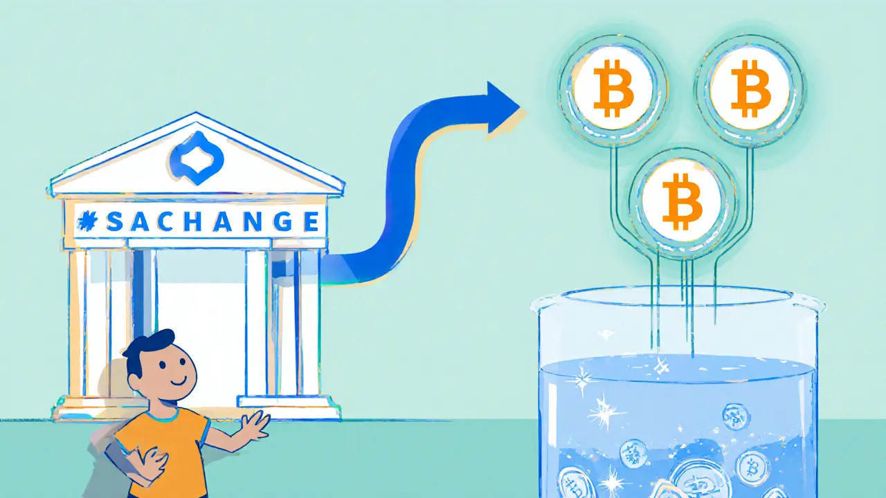 Cartoon of a TED transfer arrow entering BitBlue hub, feeding three exchange icons into a Bitcoin‑filled liquidity pool.