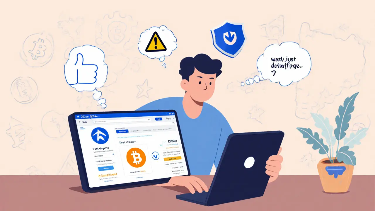 User at café using BitBlue app on tablet, with thought bubbles showing fast deposits, limited altcoins, and security.