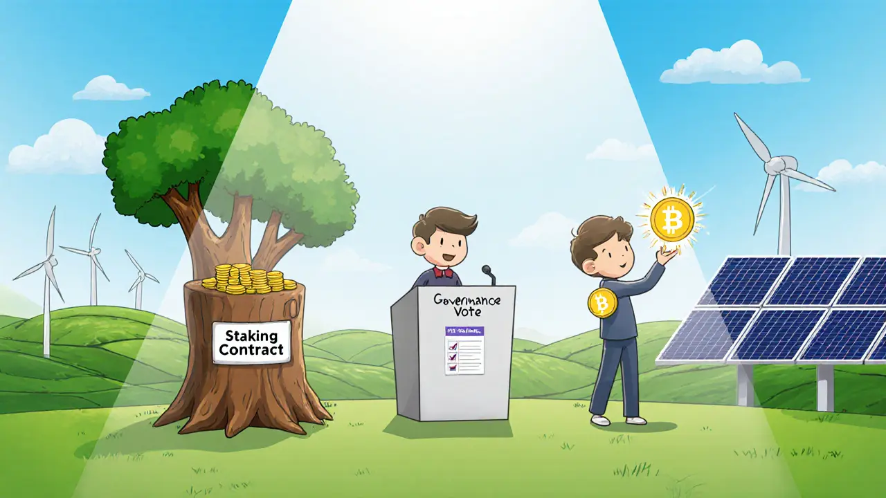 Cartoon characters staking tokens in a tree, voting, and receiving rewards from a solar farm.