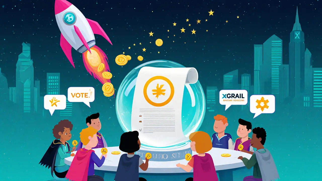 Cartoon community voting with xGRAIL badges beside a rocket and GRAIL crystal ball.