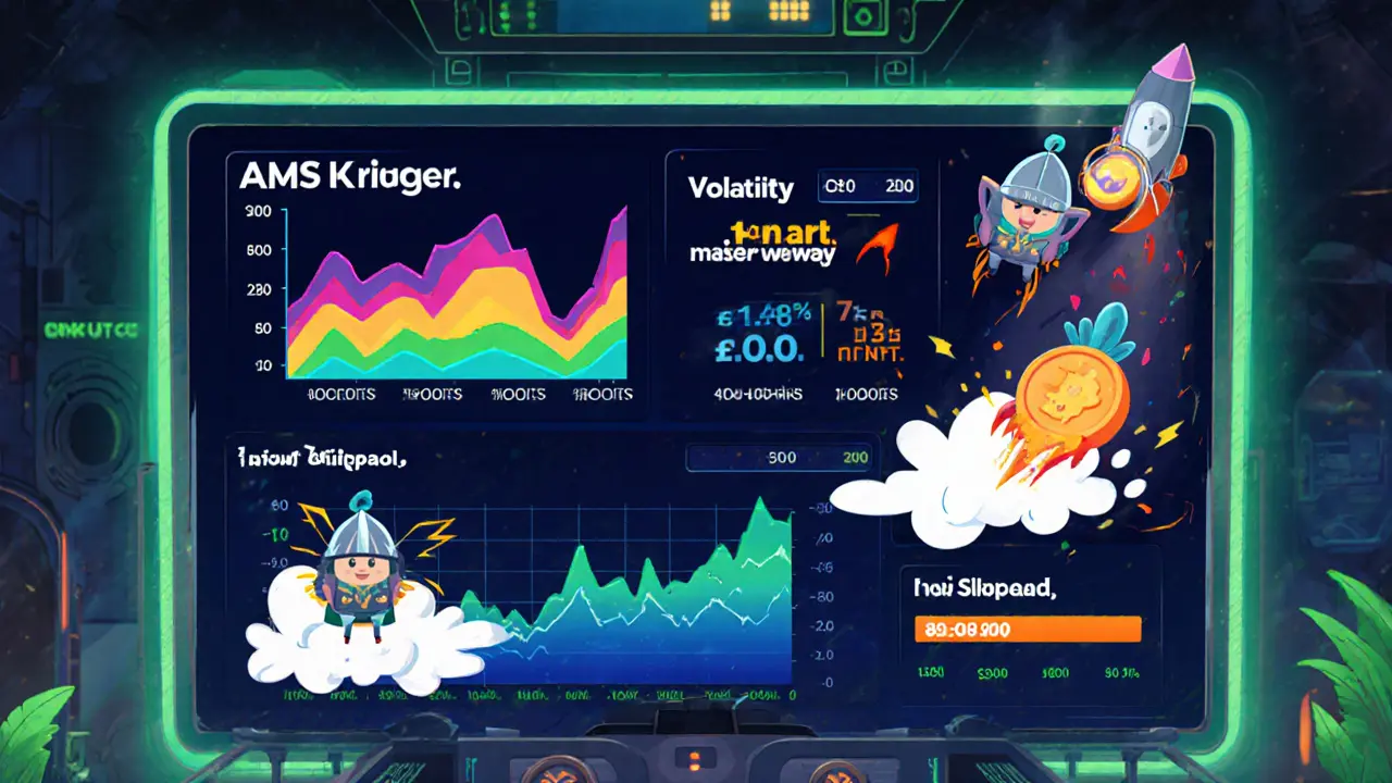 Cartoon dashboard showing AMM graphs, limit order trebuchet, Nitro rockets, and spNFT knights.