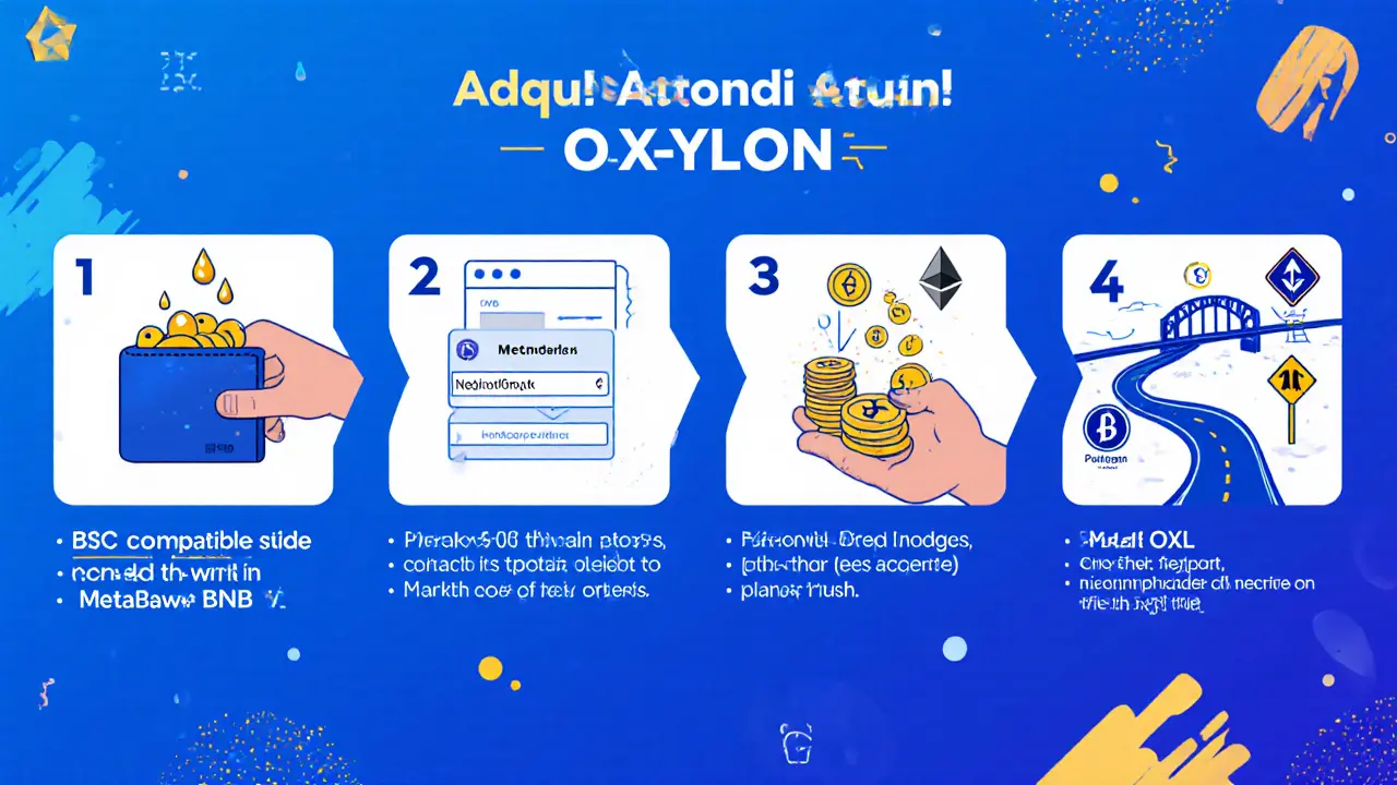 Four‑panel cartoon guide: load BNB, connect wallet to PancakeSwap, swap for OXL, roadmap with bridge and risk icons.