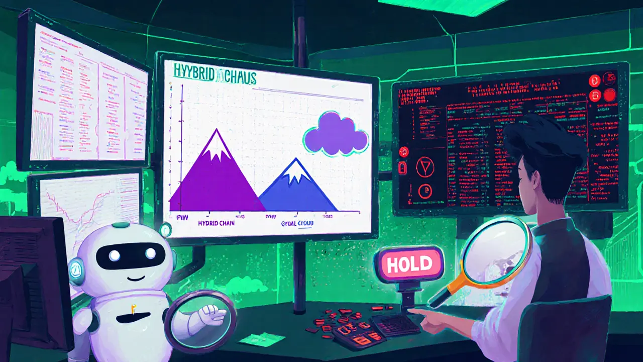 Cartoon exchange monitoring room with AI detecting suspicious transactions and hybrid consensus symbols.
