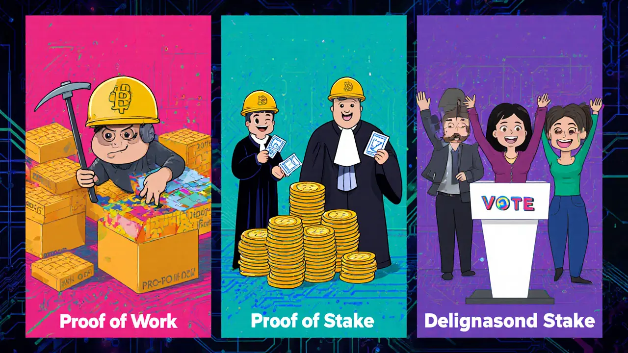 Cartoon panels illustrating Proof of Work, Proof of Stake, and Delegated Proof of Stake mechanisms.