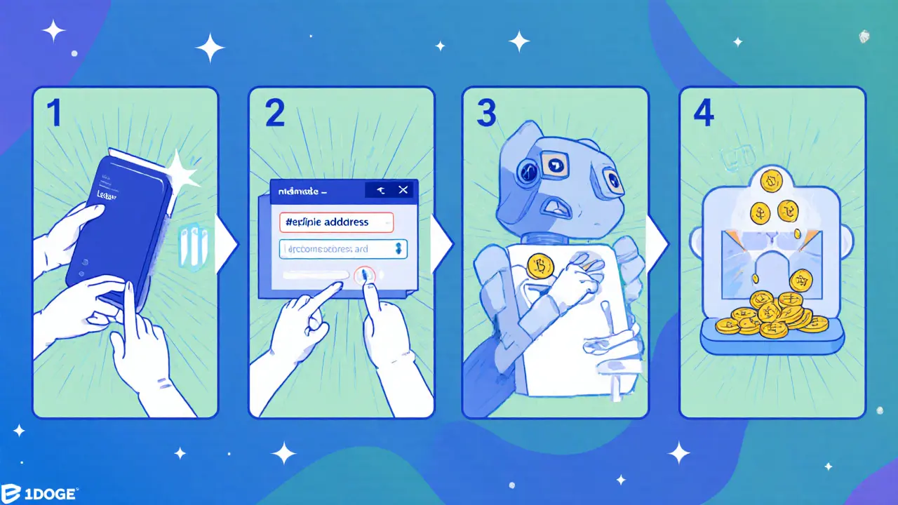 Comic panels showing wallet connection, address entry, signing, and token receipt.