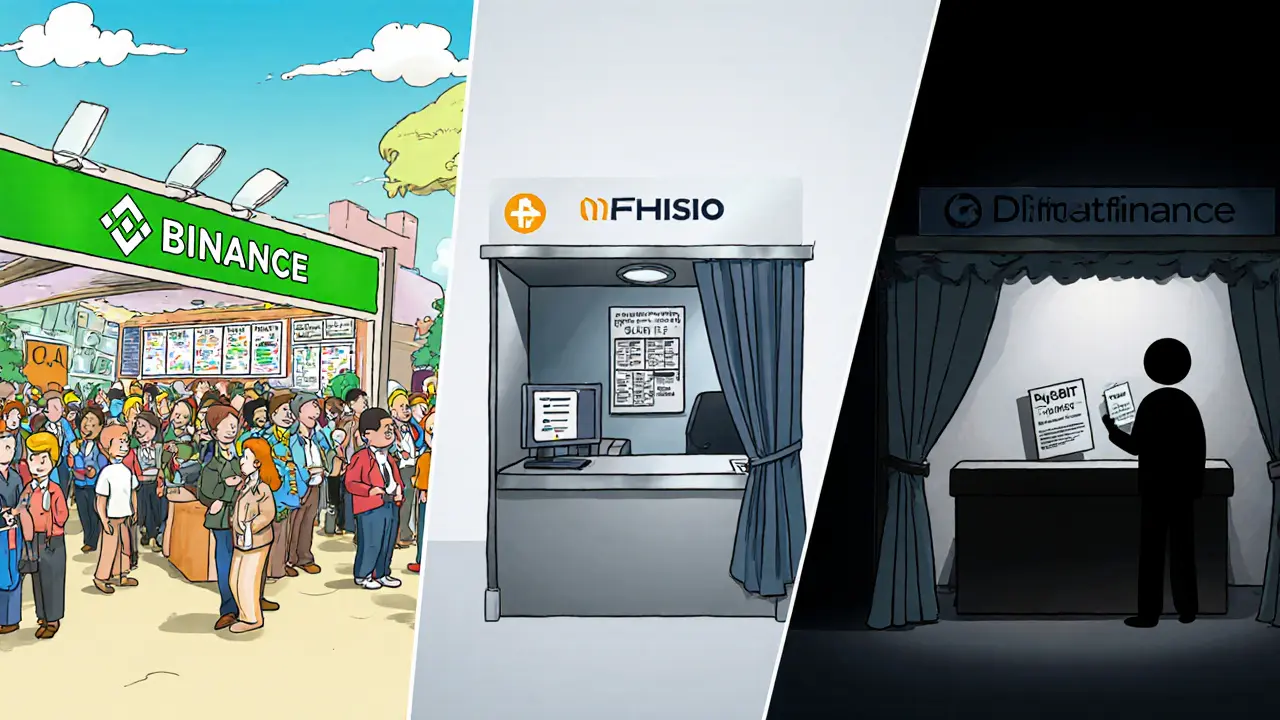Comparison scene of Binance, Bybit, and a shadowy Diffusion Finance stall.