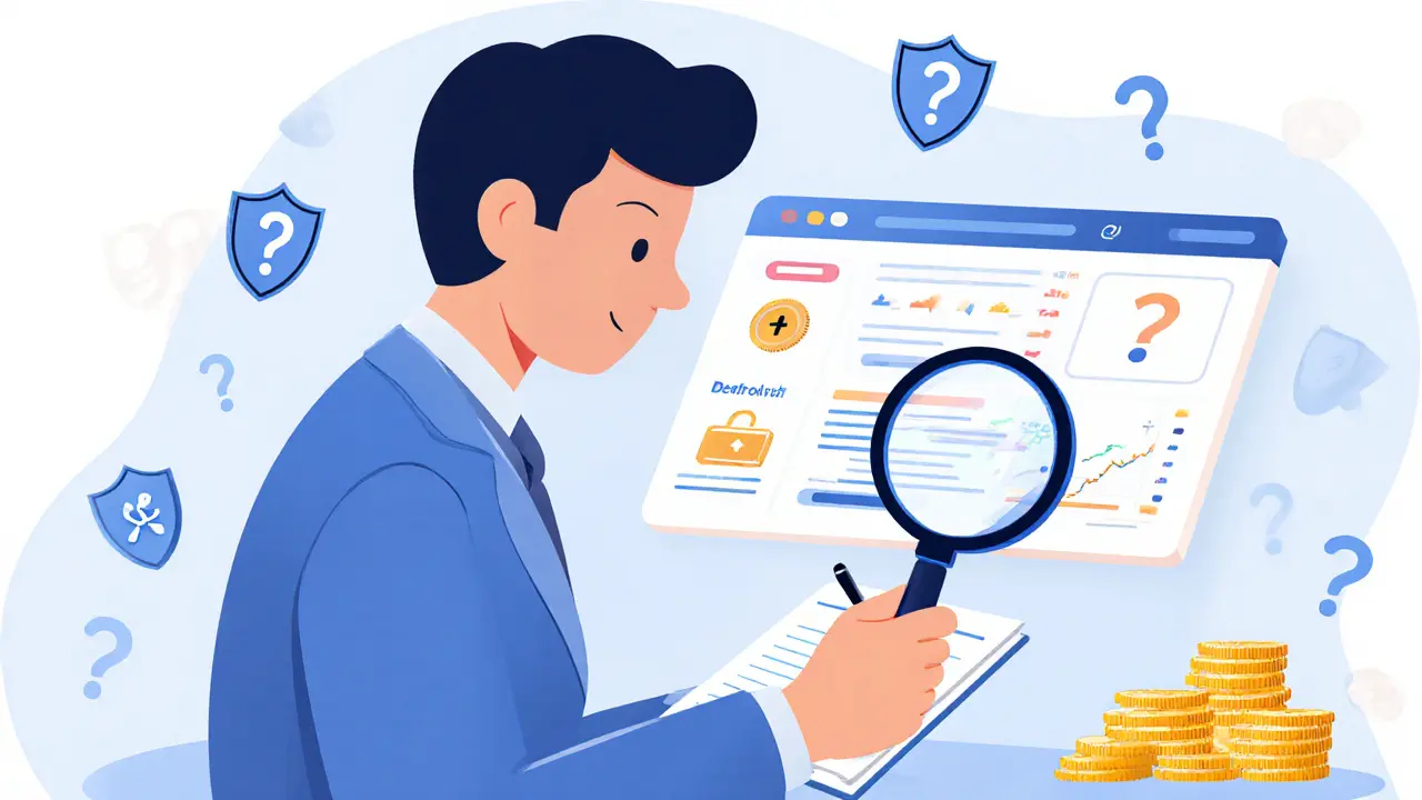 User examining a crypto website with a magnifying glass, noting missing security.