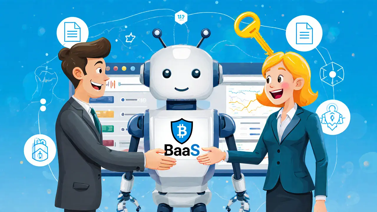 A business employee receives a BaaS key from an executive as a friendly blockchain robot powers up behind them.