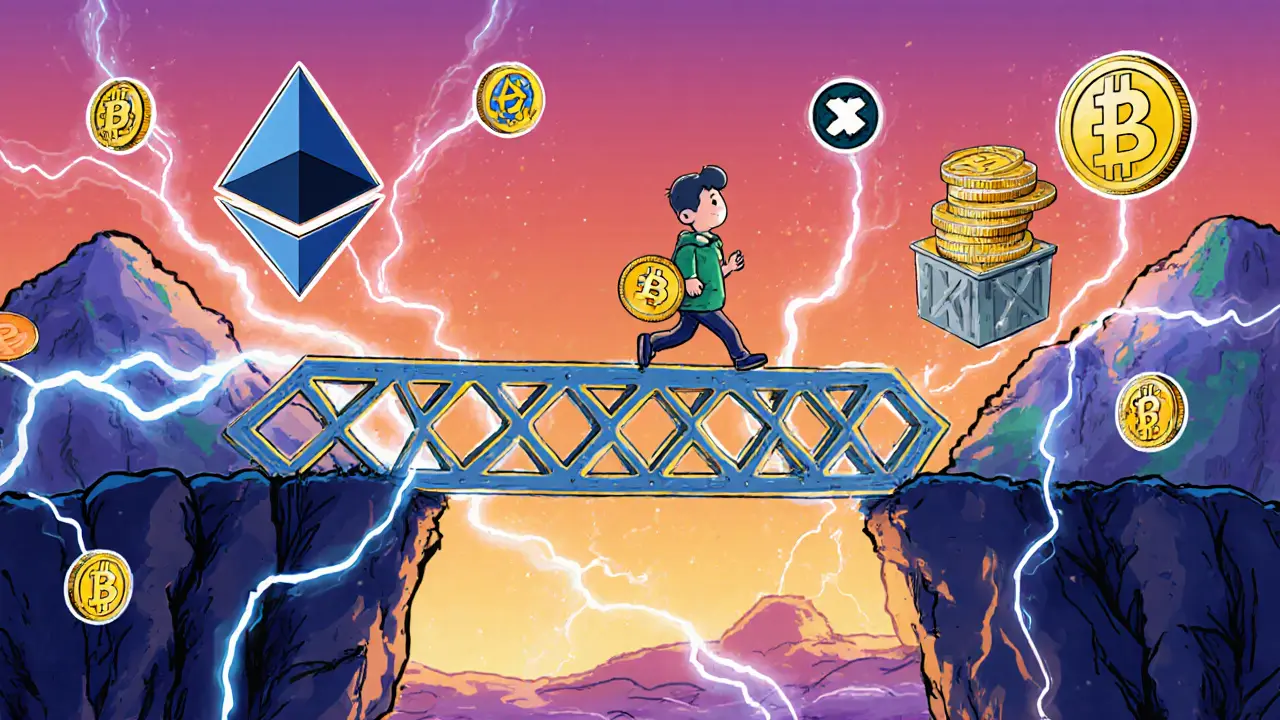 A cartoon bridge connects Stratis and Ethereum worlds, with STRAX and wSTRAX tokens crossing between them.
