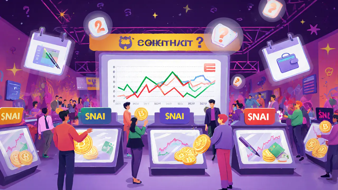 Animated marketplace with avatars trading SNAI tokens and a price chart.