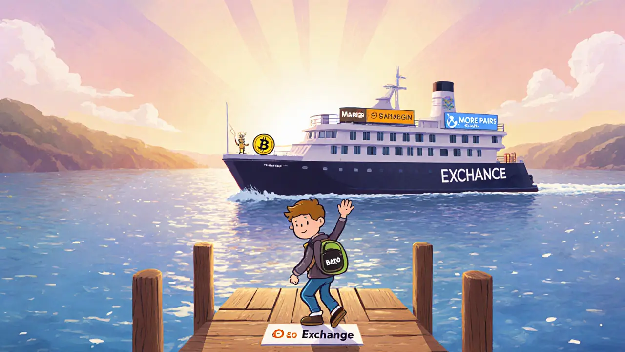 Beginner on Paro Exchange dock looking toward larger Binance ferry on crypto lake.