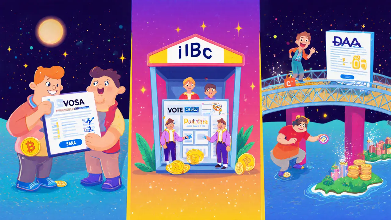 Cartoon characters use multi‑sig wallet, vote, and send assets across IBC bridge, swapping on DAX.