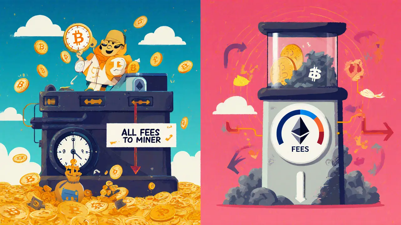 Cartoon comparison of Bitcoin mining halving and fee flow versus Ethereum staking with fee burn.