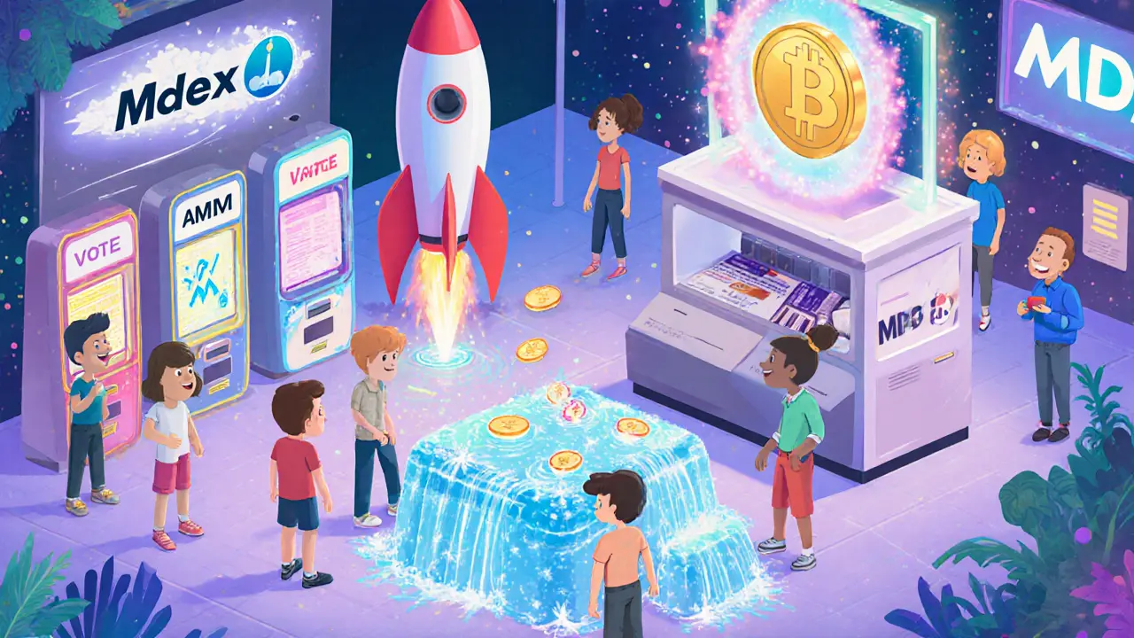 Cartoon DeFi marketplace with users swapping tokens, adding liquidity, and voting in DAO.