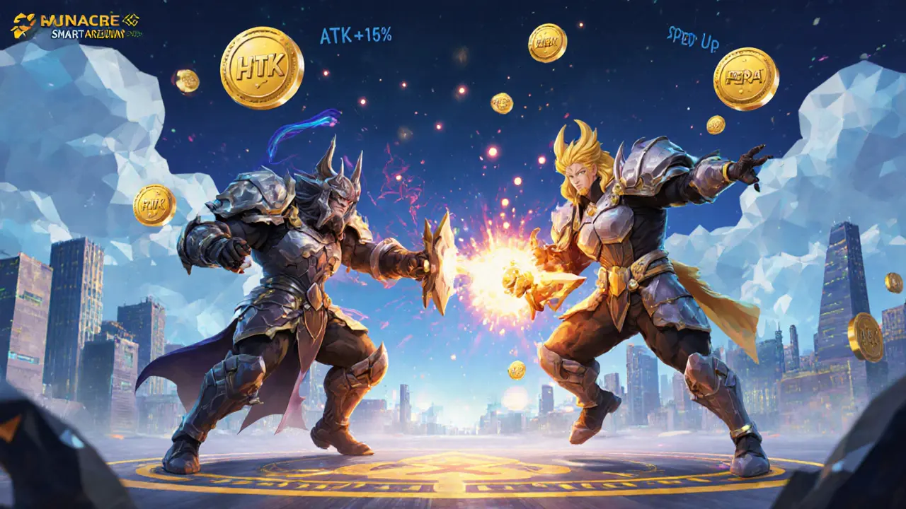 Cartoon heroes battling in a vibrant MOBA arena with floating HERA tokens and stats.