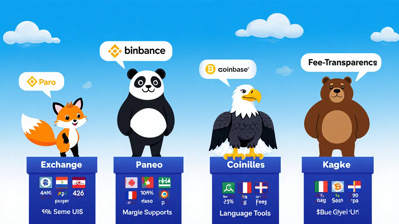 Cartoon mascots compare Paro, Binance, Coinbase, Kraken with icons for features.