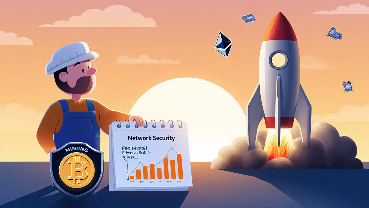 Cartoon of Bitcoin miner preparing for 2028 halving and Ethereum validator observing EIP‑4844 upgrade.