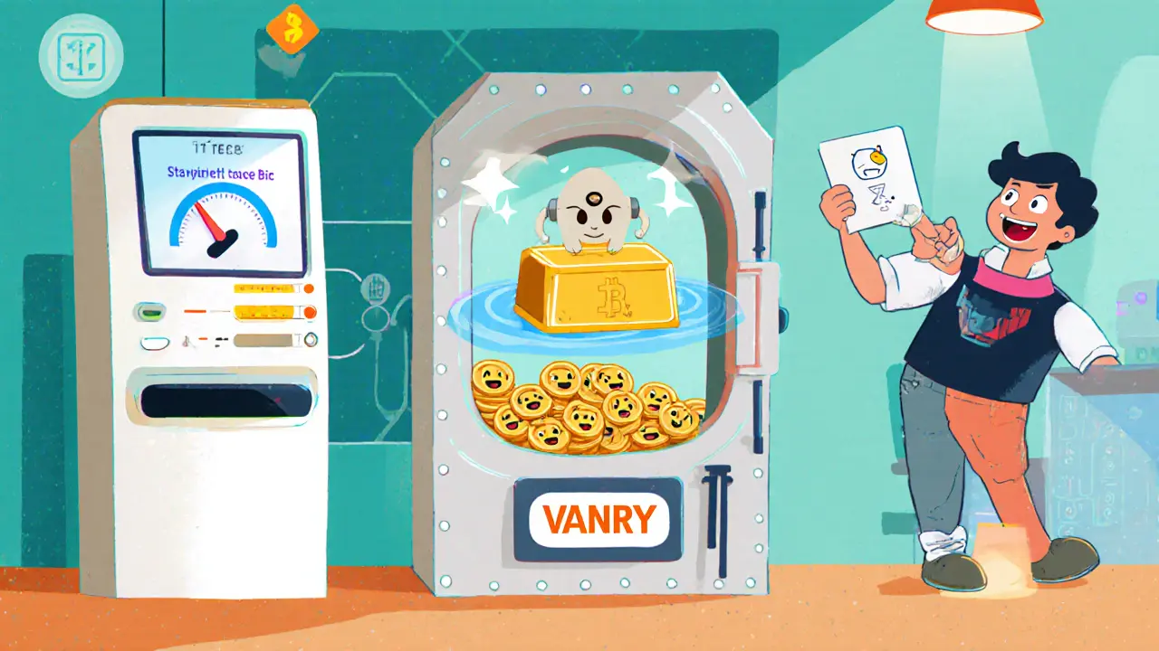 Cartoon of payment terminal, tokenized house, and evolving NFT with a developer watching.