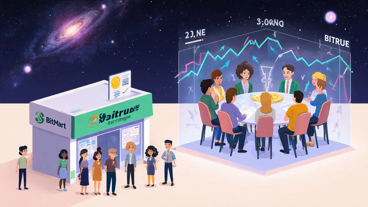 Cartoon scene of small exchange, price chart swings, and community voting on token burn.