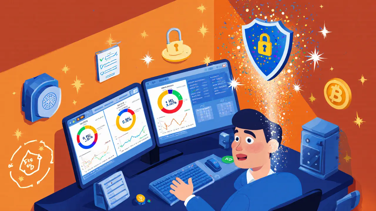 Cartoon trader views fee charts, security icons, and a 1:200 leverage lever on screens.