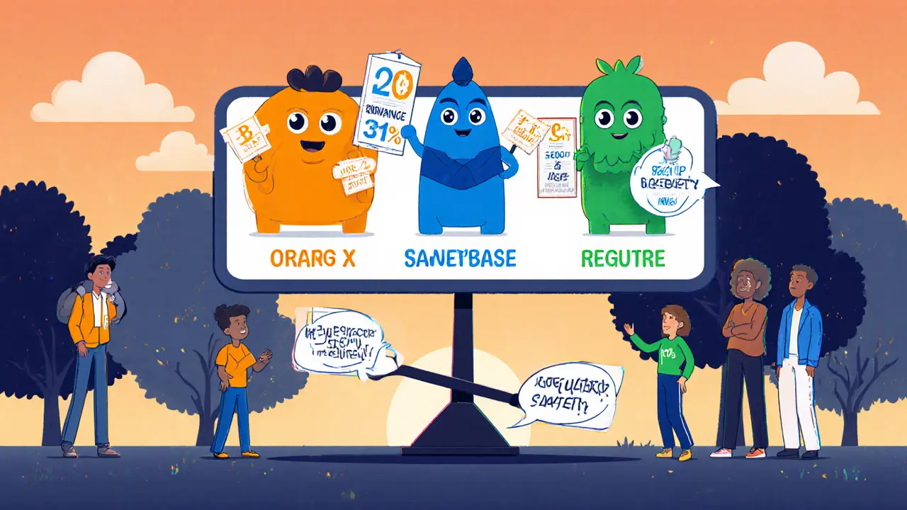 Comparison board shows OrangeX, Binance, Coinbase characters with stats and a balanced scale.
