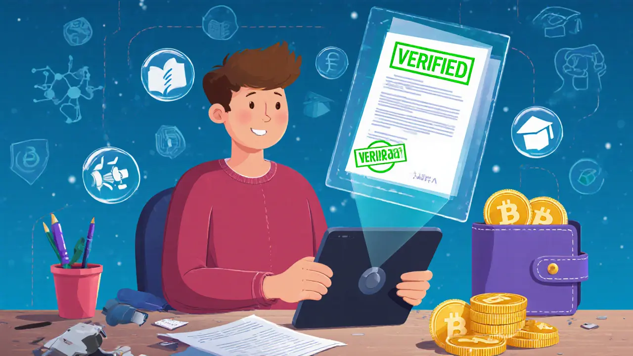 Developer using tablet with verified AI outputs and glowing MIRA tokens