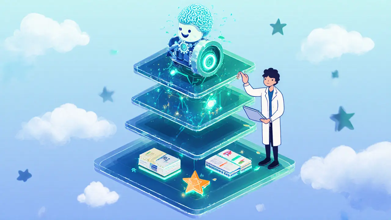 Five floating platform layers showing AI brain, seeds, books, and neural network with a developer.