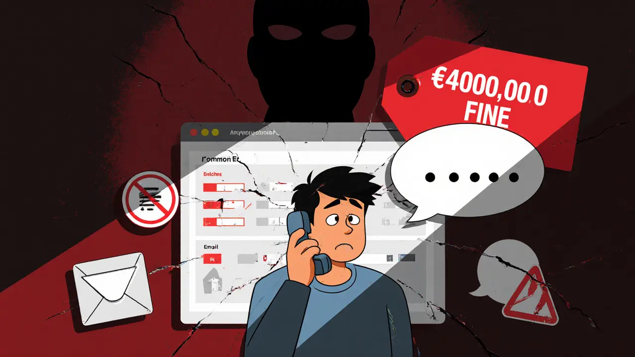 Frustrated user sees broken CommEX UI, missing support icons, and €400k fine tag.