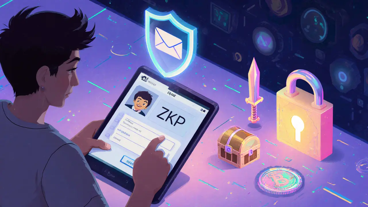 Gamer signs in with email while ZKP shield protects unlocked game items.