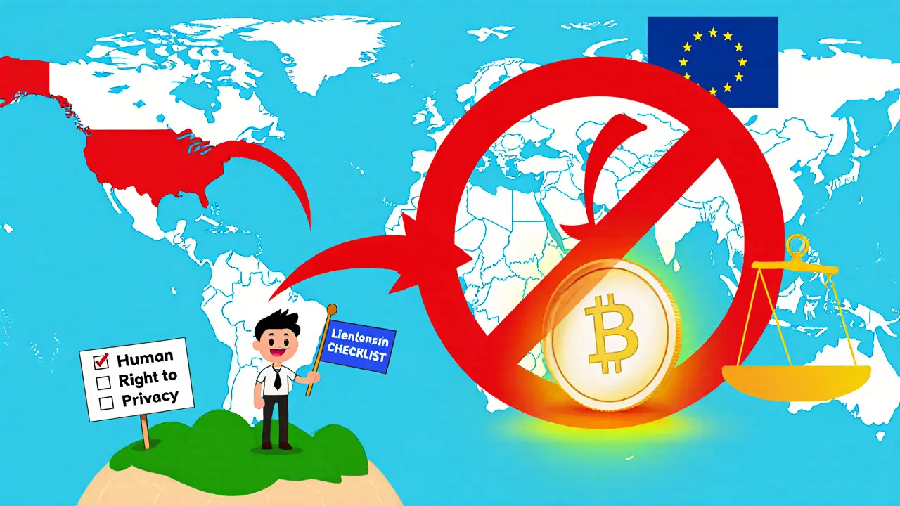 Global map showing countries banning privacy coins, contrasted with two compliant nations balancing privacy and regulation.