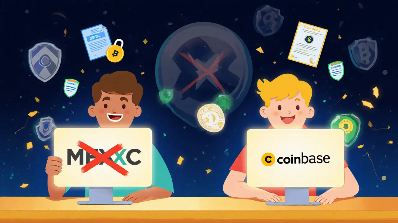 Happy users compare MEXC and Coinbase interfaces with shields and licenses.