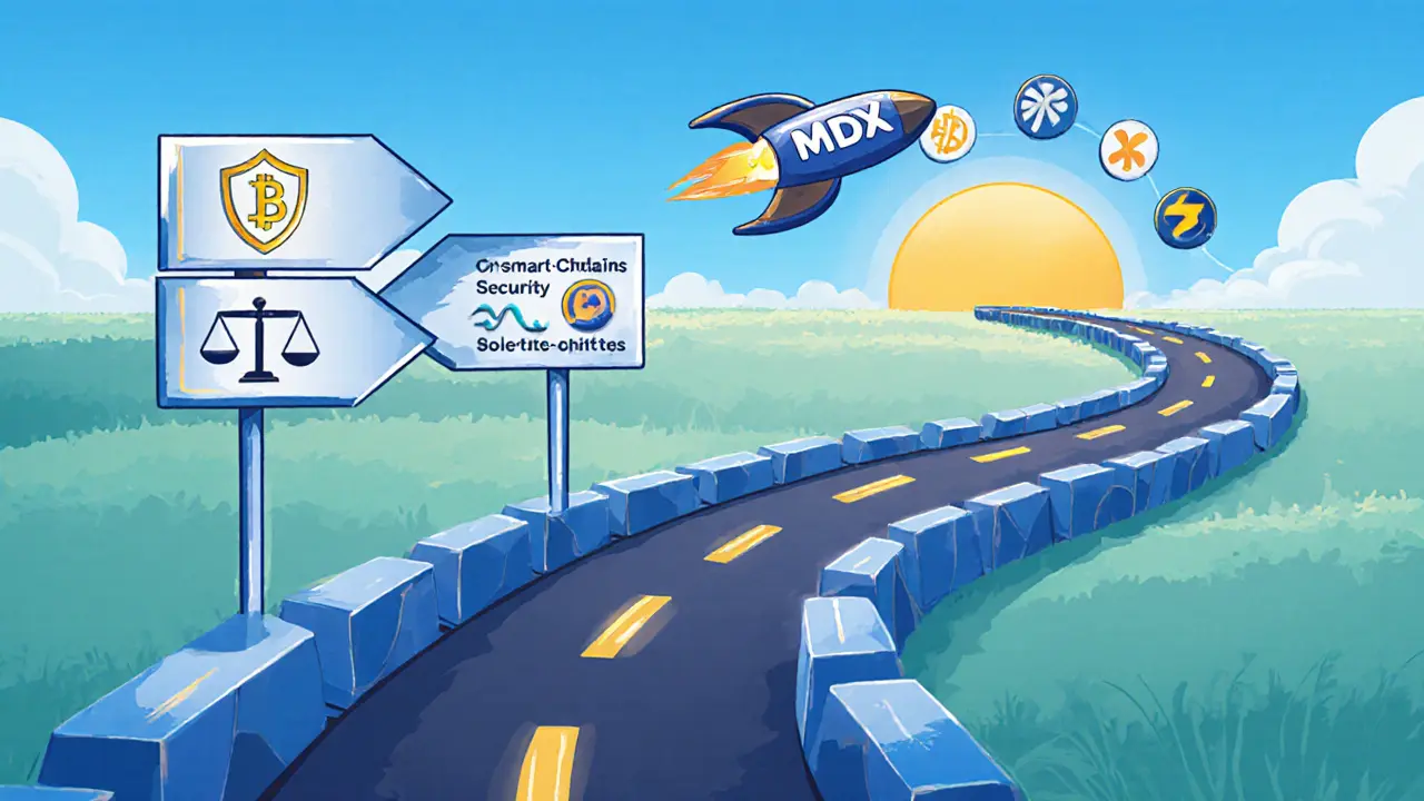 Roadmap scene showing MDX rocket heading toward multi‑chain future with safety icons.
