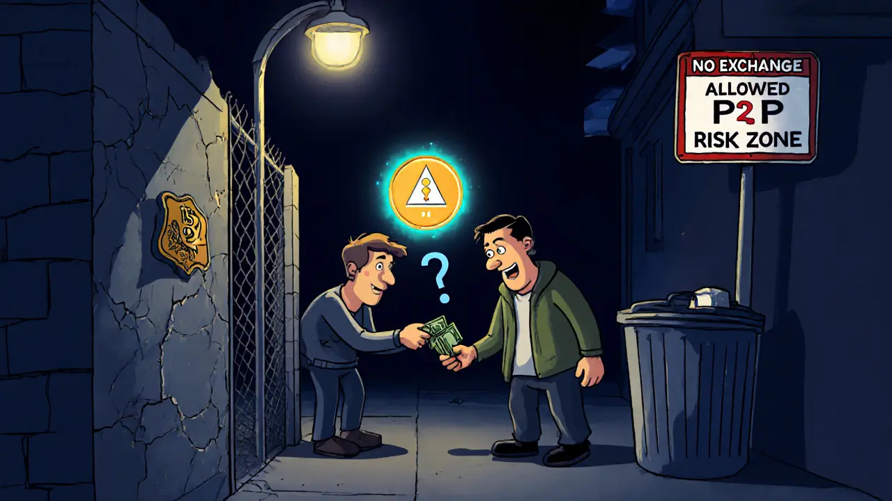 Shadowy P2P crypto trade in an alley with cash exchange and a glowing Monero coin under a warning sign.