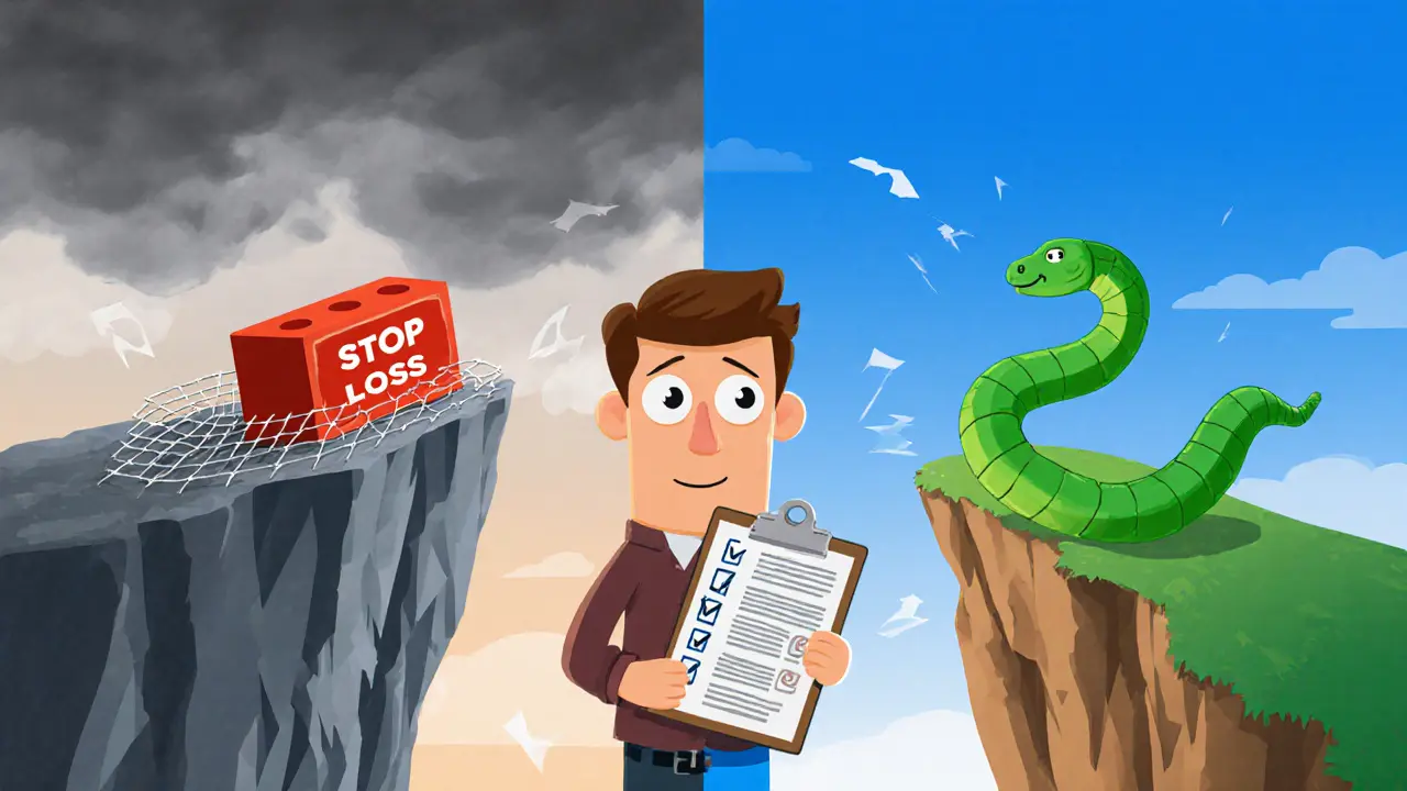 Split scene of a trader using a fixed stop‑loss brick and a flexible trailing‑stop snake.