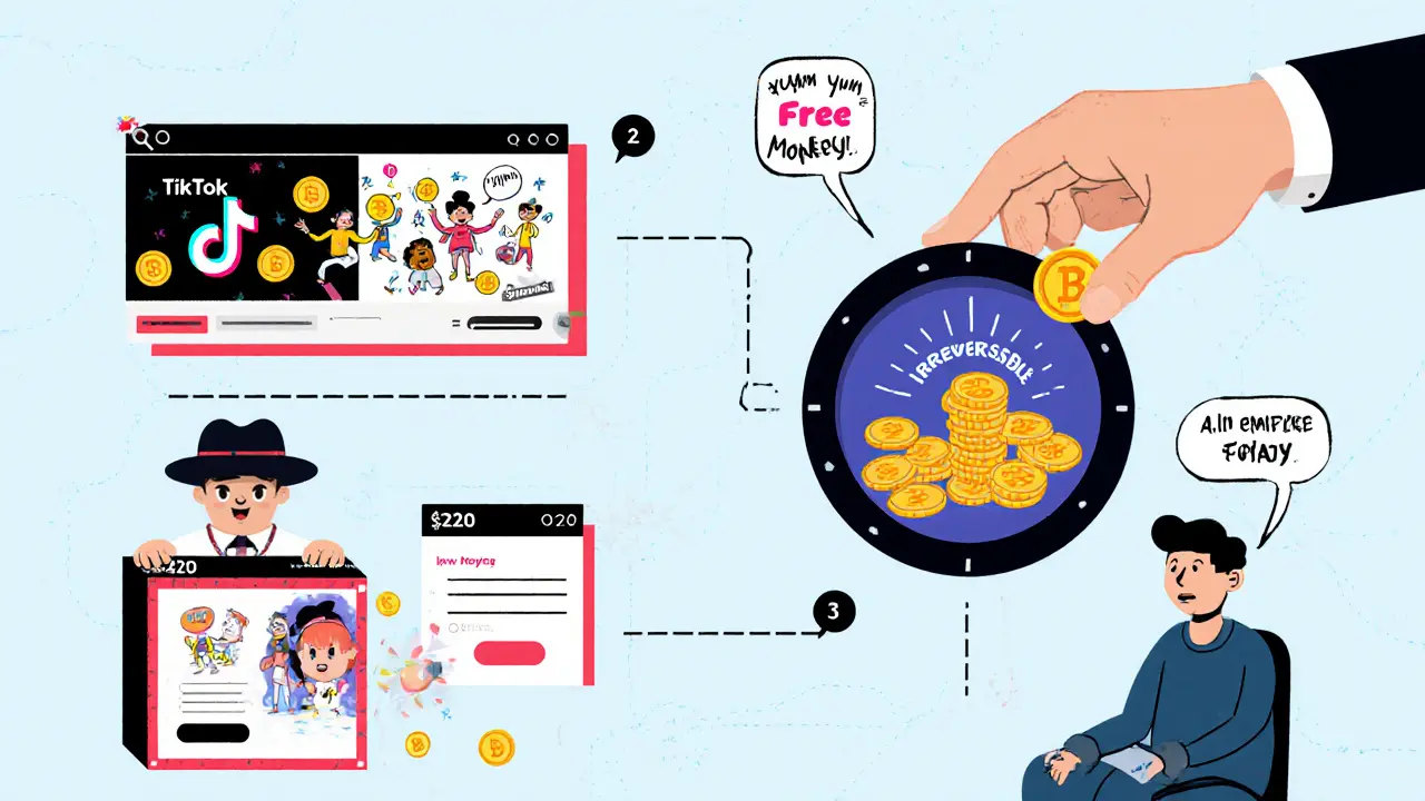 Step-by-step cartoon sequence of a crypto scam leading to lost funds